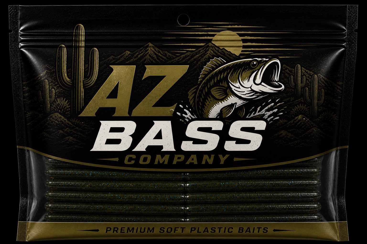 AZ Bass Company premium soft plastic baits packaging — 8 pack of green pumpkin blue flake stick baits